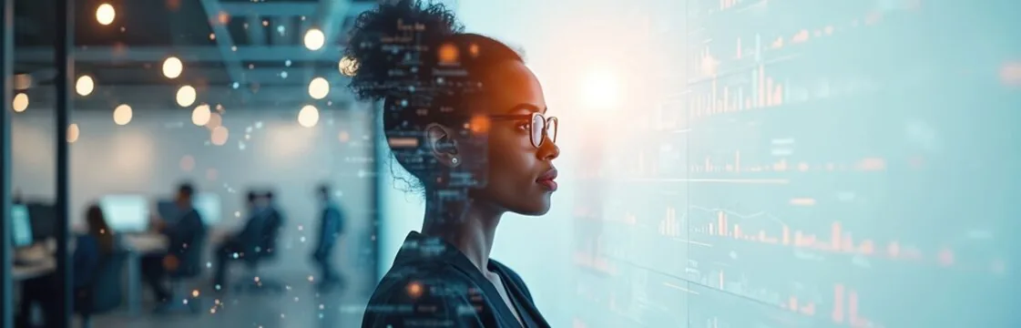 African American woman in glasses looking at a data graph screen in a modern office.