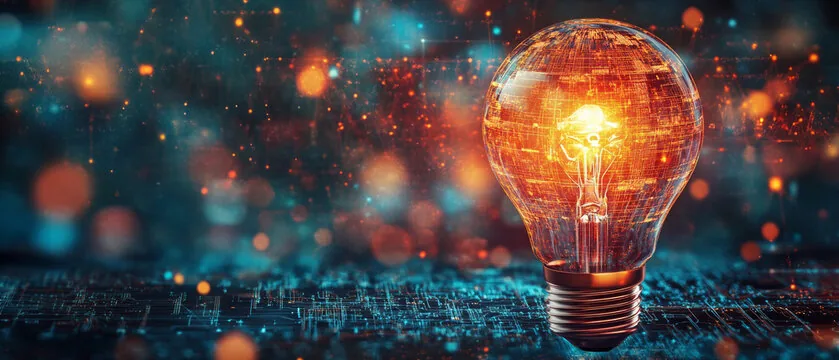Bright lightbulb with digital circuit filament on a blue and orange motherboard, symbolizing technological innovation.