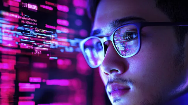 Man in glasses, reflecting blue and magenta digital code on lenses, symbolizing data analysis or cybersecurity.