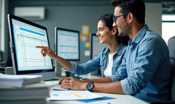 Two smiling colleagues collaborate at a computer, a woman pointing at the screen displaying data.