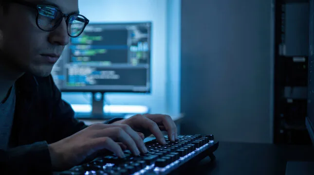 Young person in glasses typing on a backlit keyboard, with code reflected in lenses and on a monitor.