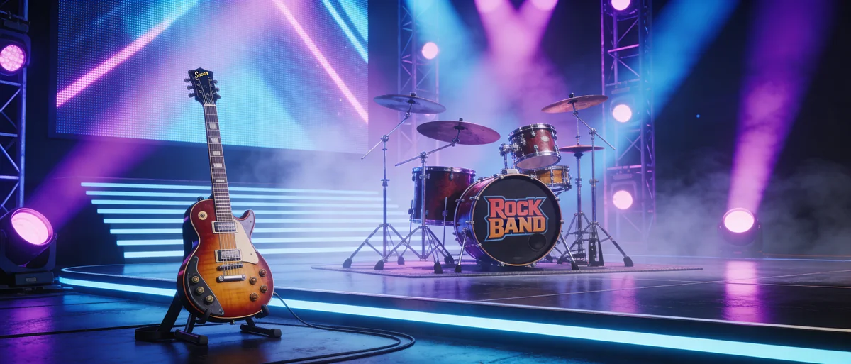 Guitar Hero controller and Rock Band drum set on a stage with purple and blue neon lights.