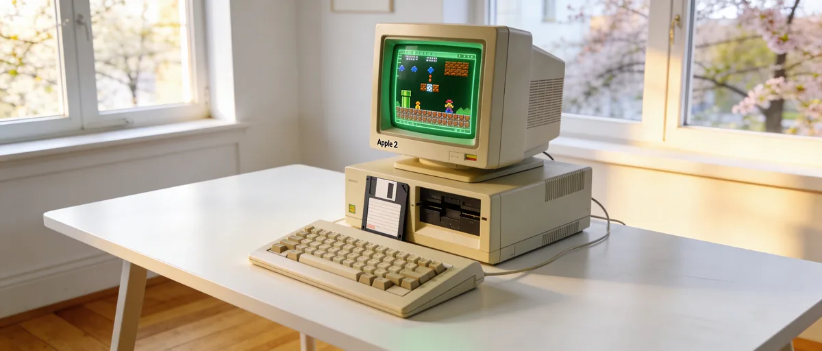 Vintage Apple II computer with Super Mario Bros on screen, floppy disk, and keyboard on white table by window.
