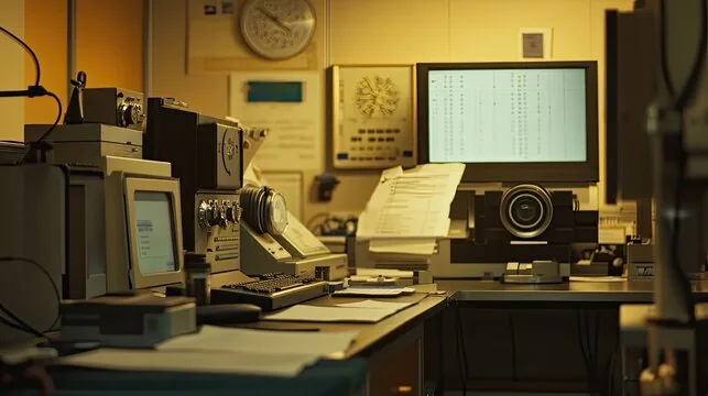 Vintage lab desk with CRT monitors, analog equipment, and documents, under warm lighting.