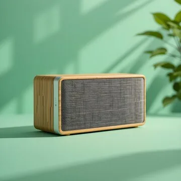 Bamboo Bluetooth speaker with gray grille on a mint green background, natural light, and leaf shadows.