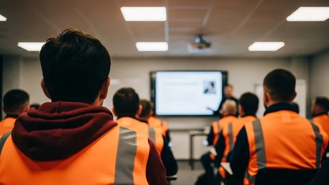 Students in orange safety vests in a classroom, facing a large screen presentation.