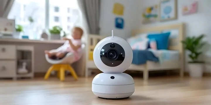 White baby monitor camera in foreground in a child's room with a baby sitting in the background.
