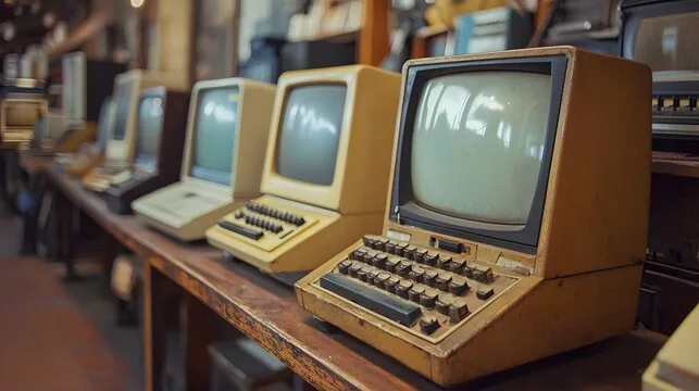 Row of vintage computers with CRT monitors and integrated keyboards on a wooden shelf.