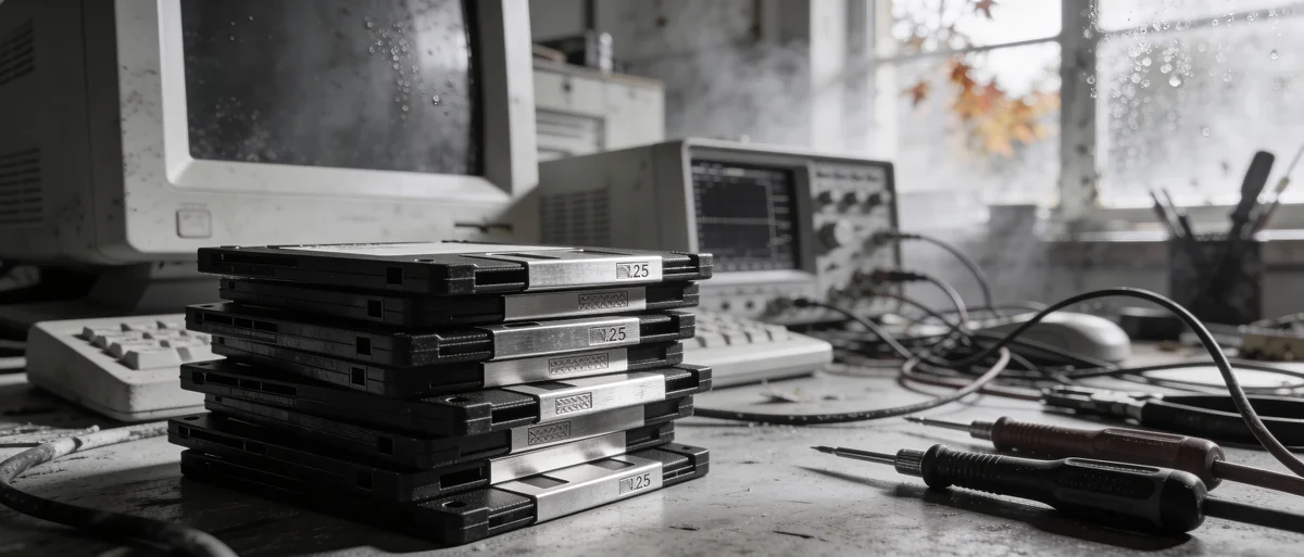 Pila de disquetes negros de 5.25 pulgadas, laboratorio de computación antiguo, primer plano, alta calidad, fotografía profesional.