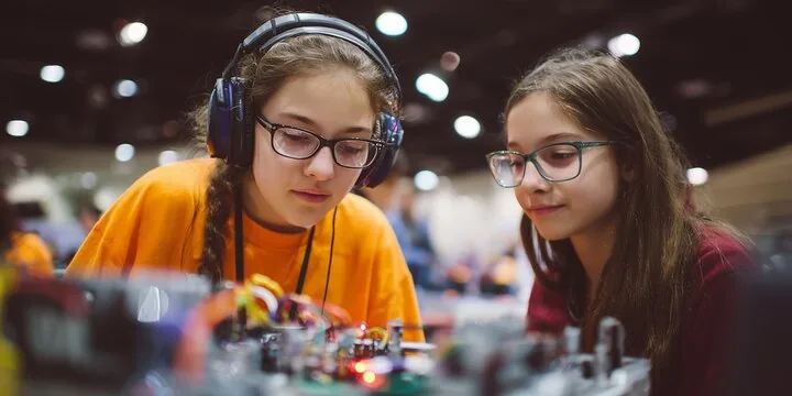 Two girls with glasses, one with headphones, focused on an electronic circuit.