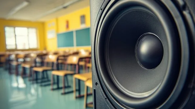 Close-up of a black speaker with a blurred, empty classroom in the background.
