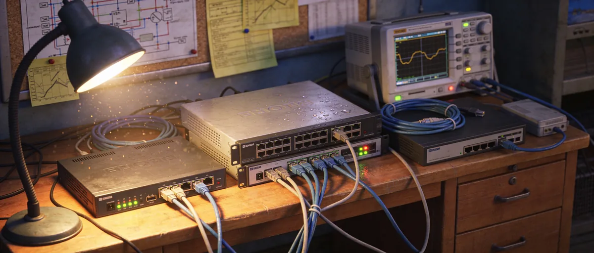 Workbench with network equipment, Ethernet cables, an oscilloscope, and a lit lamp.