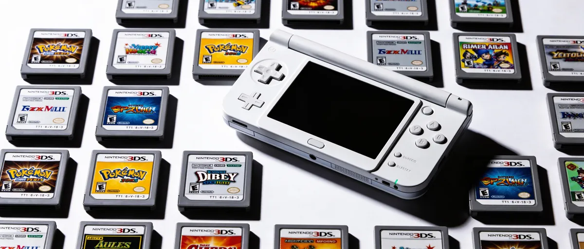 Clear case holding six Nintendo DS and 3DS game cartridges, including Mario, Pokémon, and Luigi.