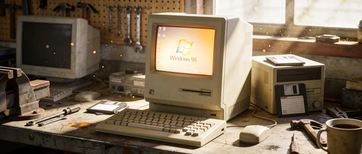 Retro computer with Windows 98 in a messy workshop, featuring tools and floppy disks.