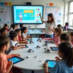Teacher guides children with tablets and robots in an interactive technology class.
