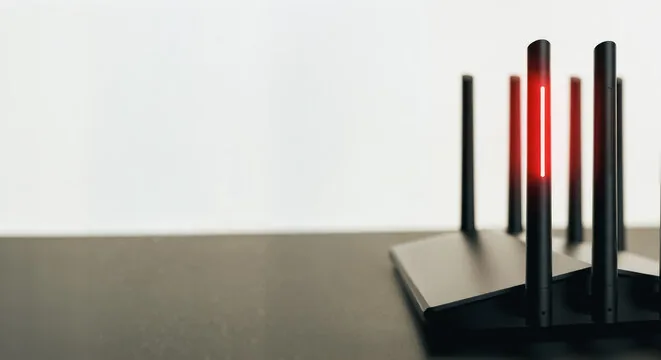 Black router with multiple antennas, one illuminated in red, on a dark surface with a white background.
