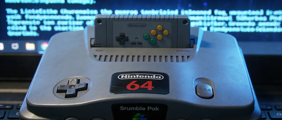 A gray Nintendo 64 Rumble Pak accessory, photographed in close-up with cinematic studio lighting.