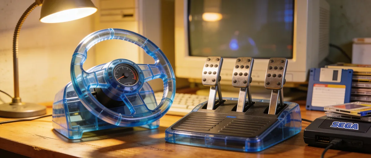 Translucent blue gaming wheel and pedals with CRT monitor, floppy disks, and Sega console on a desk.