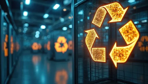 Bright orange recycling symbol in a dark blue industrial setting, with reflections of other symbols.