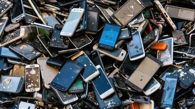 Pile of broken, discarded smartphones, some with cracked screens, ready for recycling or salvage.