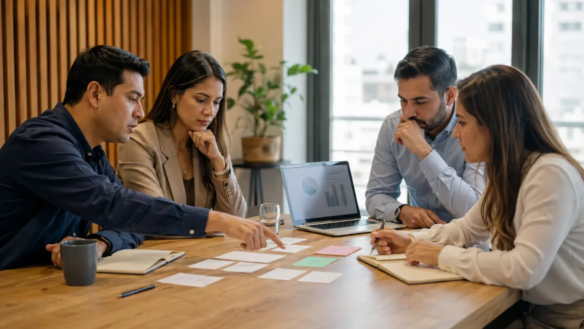 Equipo gerencial latinoamericano compara prioridades, presupuesto, riesgos y alternativas durante una sesión práctica de decisiones.