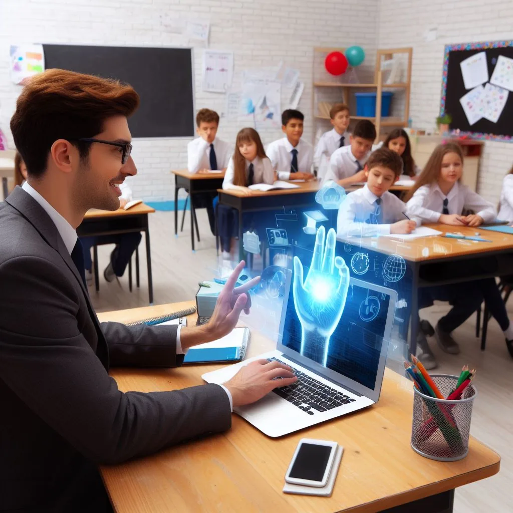 Smiling teacher uses laptop with a glowing holographic hand and tech icons, demonstrating innovative learning to students.