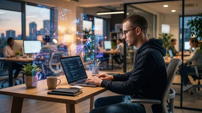 Developer in a modern office with holographic data overlays, coding on a laptop.
