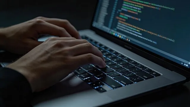 Hands typing code on a backlit laptop keyboard in the dark, with lines of code on the screen.