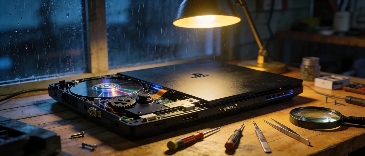Disassembled black PlayStation 2 Slim console in a repair shop, showing the internal laser reader and gears under warm, cinematic lighting, surrounded by technician tools. (Image generated by Magnific AI)
