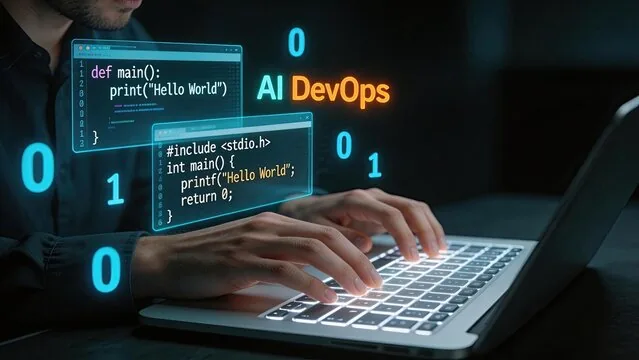 Programmer typing on a laptop with Python and C code, and "AI DevOps" floating in the air.