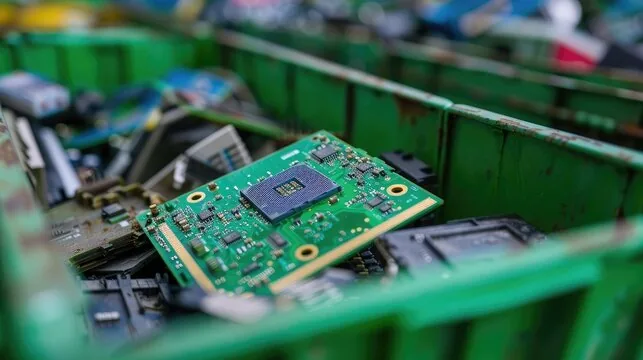 Green circuit board with microchip in an electronics component recycling bin.