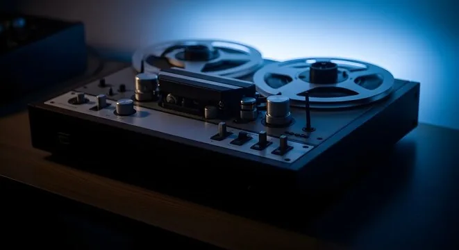 Vintage reel-to-reel tape recorder with blue backlighting, in a dark setting.