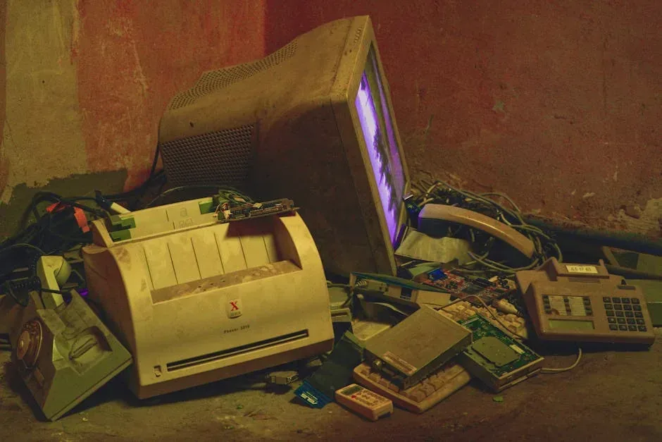 A heap of dusty, obsolete electronics: CRT monitor with purple glow, printer, phones, keyboards, and circuit boards.