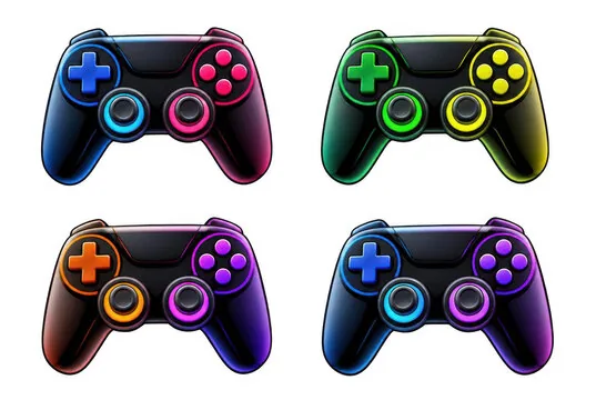 Four black video game controllers with vibrant colored details, arranged in a grid on a white background.