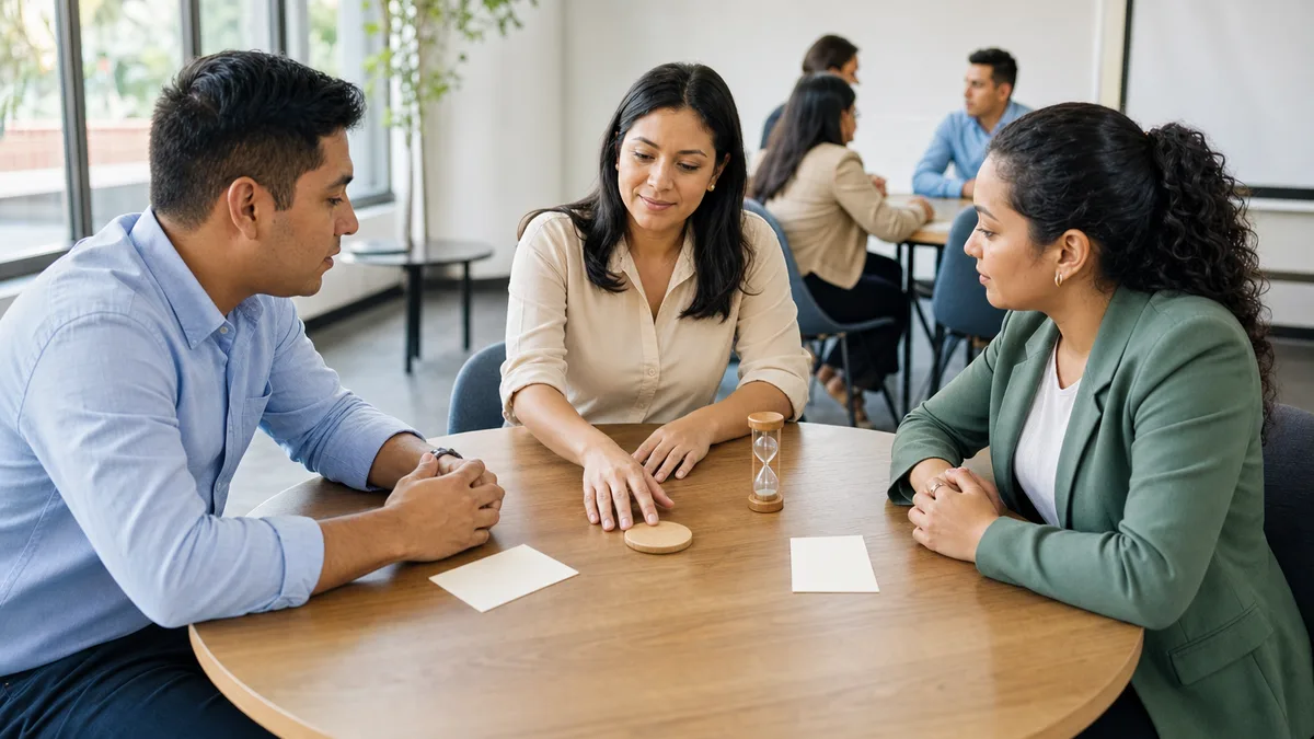 Facilitadora media una conversación estructurada entre dos colegas con tarjetas, reloj de arena y un objetivo común.