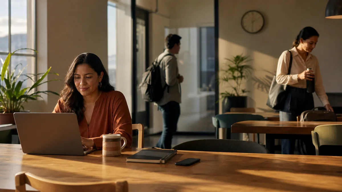 Mujer sonriente trabajando en laptop en una oficina moderna y luminosa, con colegas en el fondo.