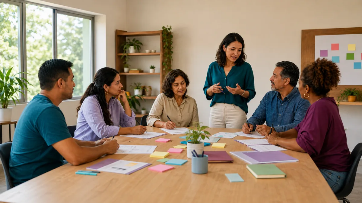 Personas adultas participan en un taller de empoderamiento personal y completan hojas de fortalezas, metas y próximos pasos.