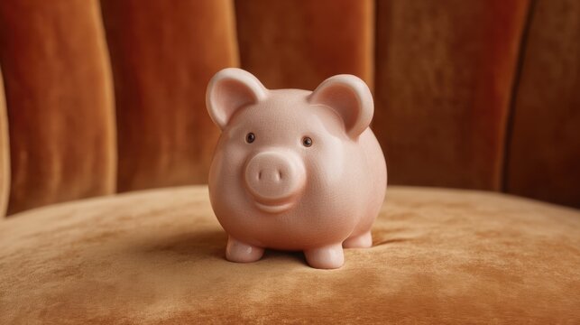 Hucha de cerdito rosa sobre un sofá de terciopelo marrón claro, simbolizando el ahorro y la inversión.