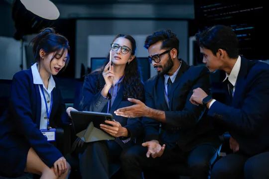 Four diverse professionals discussing data on a tablet in a dark office setting.