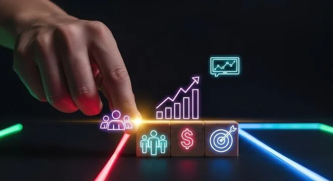 Hand touching a block with people icon, next to blocks with money and target symbols, and neon graphs.