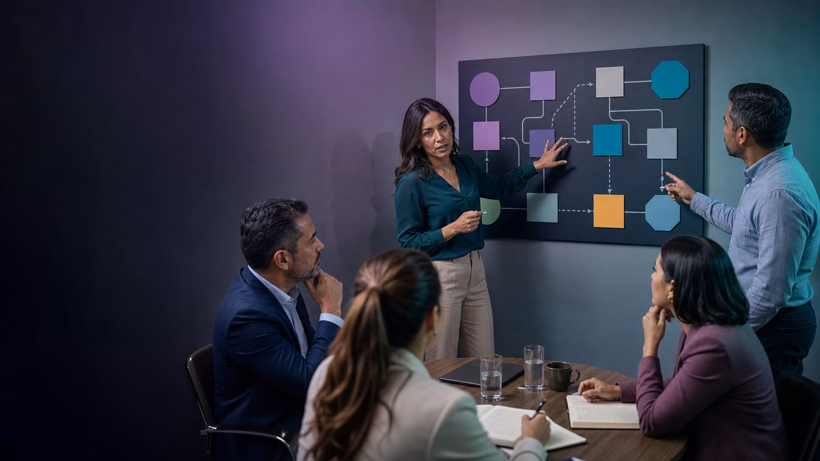 Cinco profesionales latinoamericanos analizan opciones mientras una gerente facilita una decisión durante un taller de habilidades gerenciales.