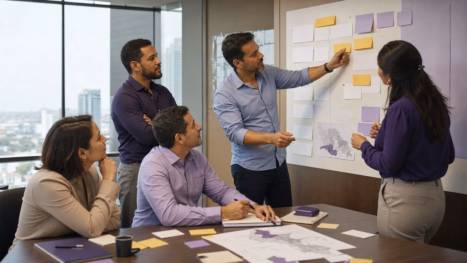 Equipo latinoamericano prioriza tarjetas durante un taller corporativo de planeación estratégica.